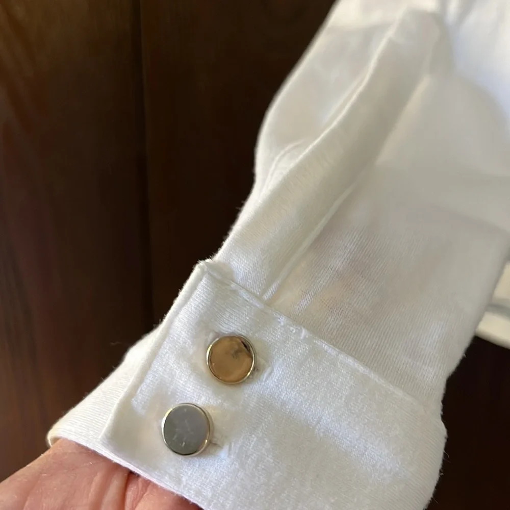 Ann Taylor long sleeved blouse. White with blue stripes and metal buttons. Sm
